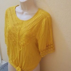Yellow tie front blouse with floral detail